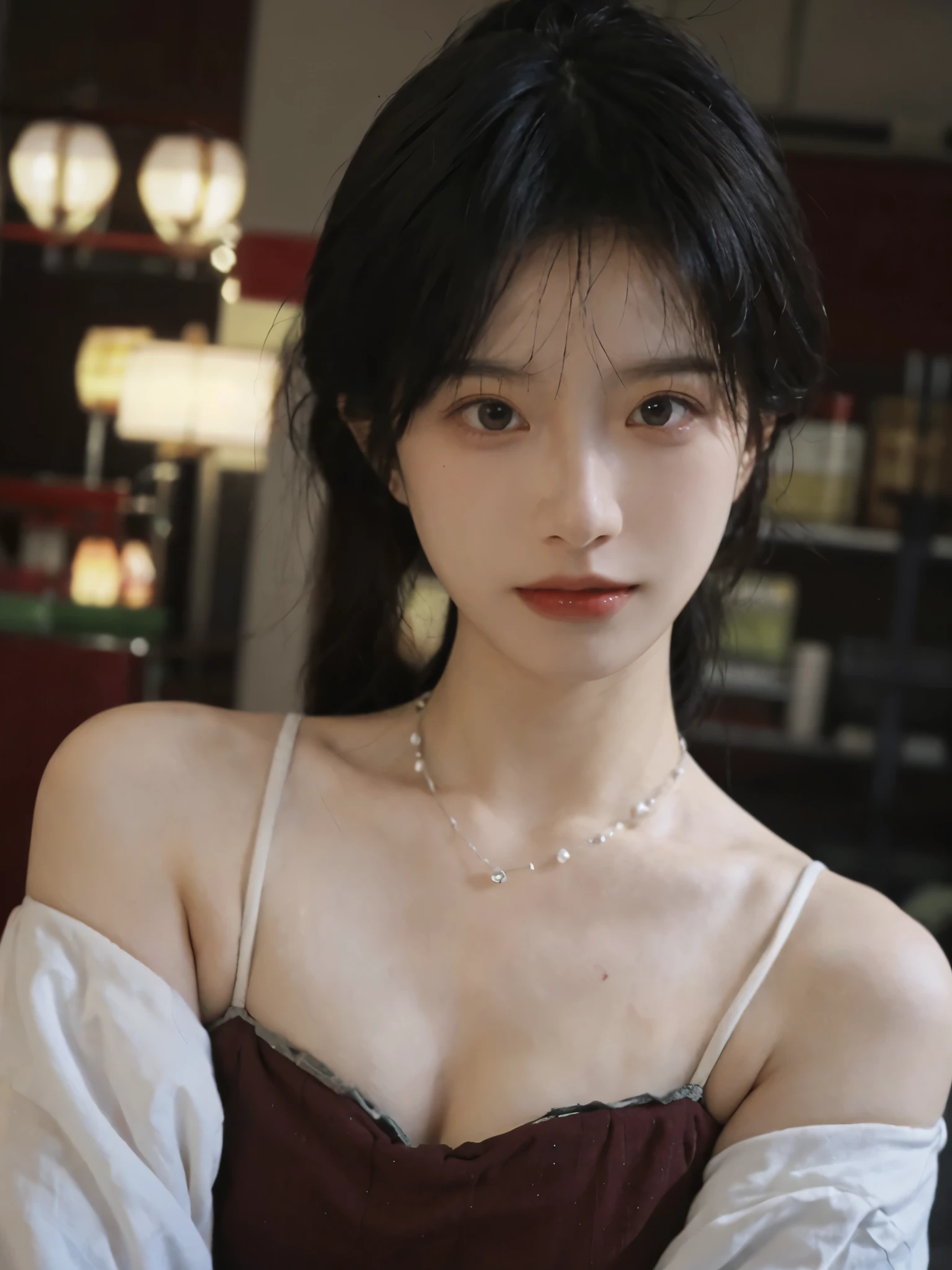 Film portrait photography, 2 girls, Bare shoulders,Lipstick,(flat chest:1.4), Wear a necklace,Cute expression,Exquisite makeup,Red suspenders,serene, calm, (Realistic and detailed eyes, Natural skin texture, Realistic facial details), Big breasts:1.6,Big Breasts,Soft dramatic lighting, Depth of Field, Bokeh, Vibrant details, Detailed and detailed, Surreal, 35mm film, hazy, ,