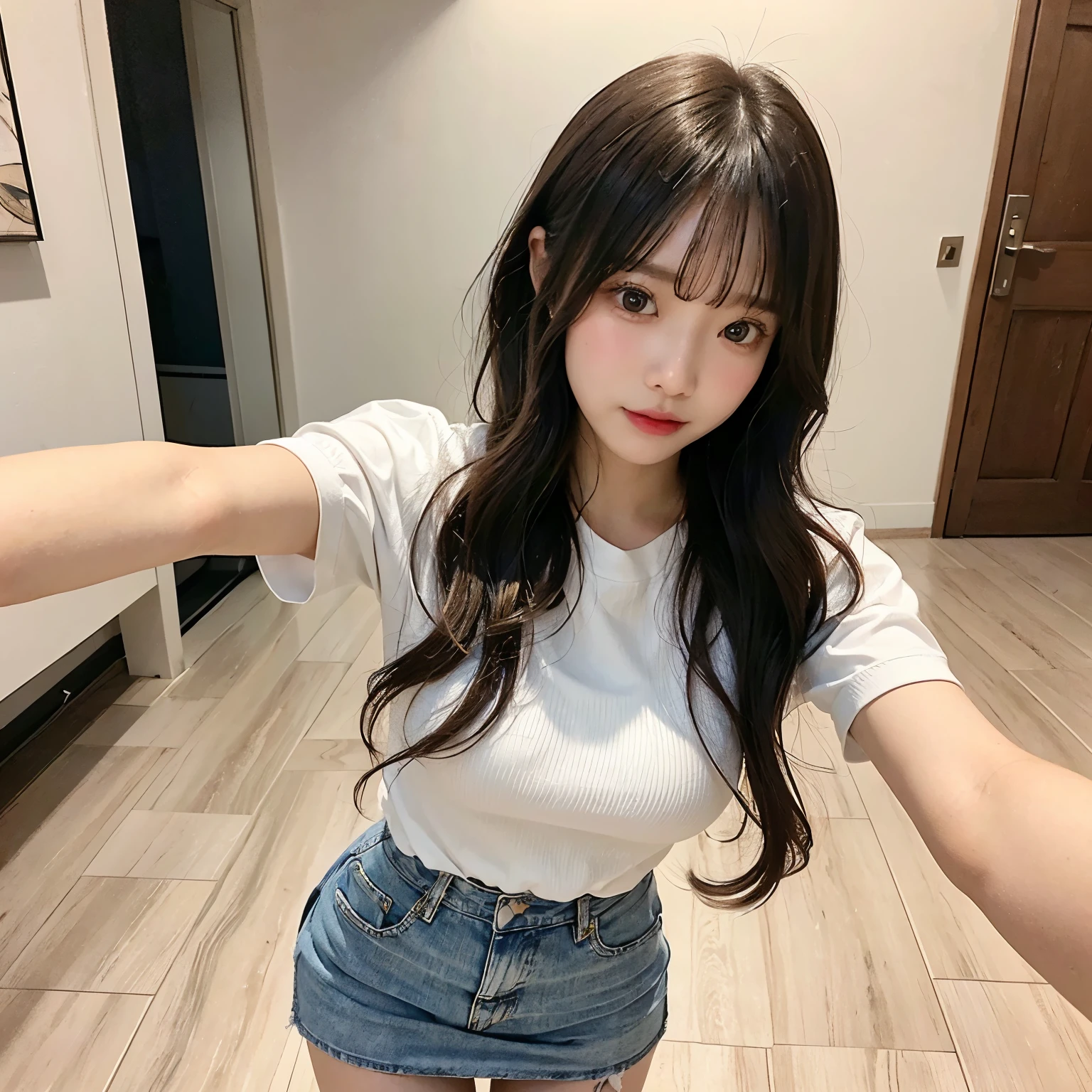 highest quality、masterpiece、office lady、White Room Wallpaper、Wood Grain Floor、((Front view from below))、(Medium Wavy Hair)、(small breast)、standing、Gazing at the audience、blush、(Selfie)、White shirt、(Denim long skirt)、(Red panties)、Panty shot、