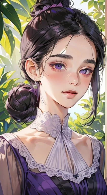 masterpiece, best quality, realistic, mature female, cute, 25 years old, closed mouth, portrait, extremely detailed face, soft smile, (dark purple eyes), ((with single black hair bun), ((front bangs hair)), [thin eyebrows], ((light violet dress)), no makeup, light smile, ear blush, light blush, short eyelashes, 4k,outdoor