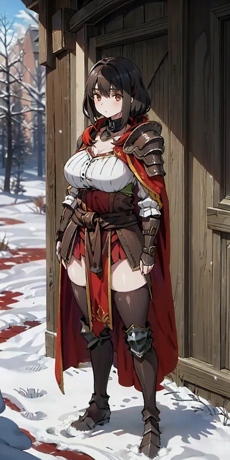 full body standing straight symmetrical, FEMALE warrior princess, big belt around waist, hair, very white skin like snow, wearing full heavy armor red cape, brown leather boots, adventurer outfit, veteran warrior