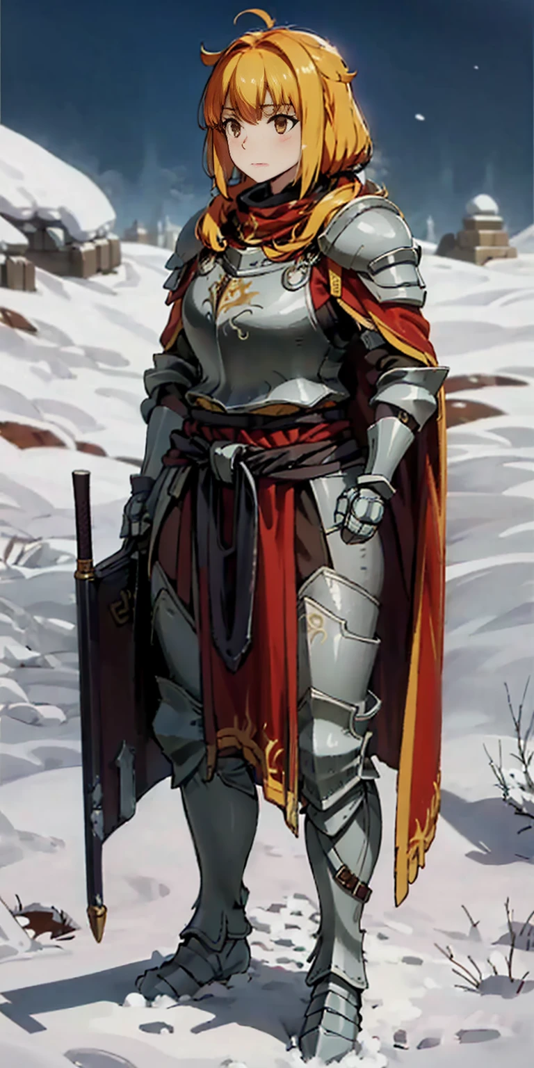 full body standing straight symmetrical, FEMALE warrior princess, big belt around waist, hair, very white skin like snow, wearing full heavy armor red cape, brown leather boots, adventurer outfit, veteran warrior