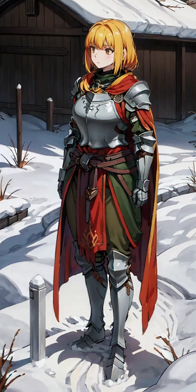 full body standing straight symmetrical, FEMALE warrior princess, big belt around waist, hair, very white skin like snow, wearing full heavy armor red cape, brown leather boots, adventurer outfit, veteran warrior