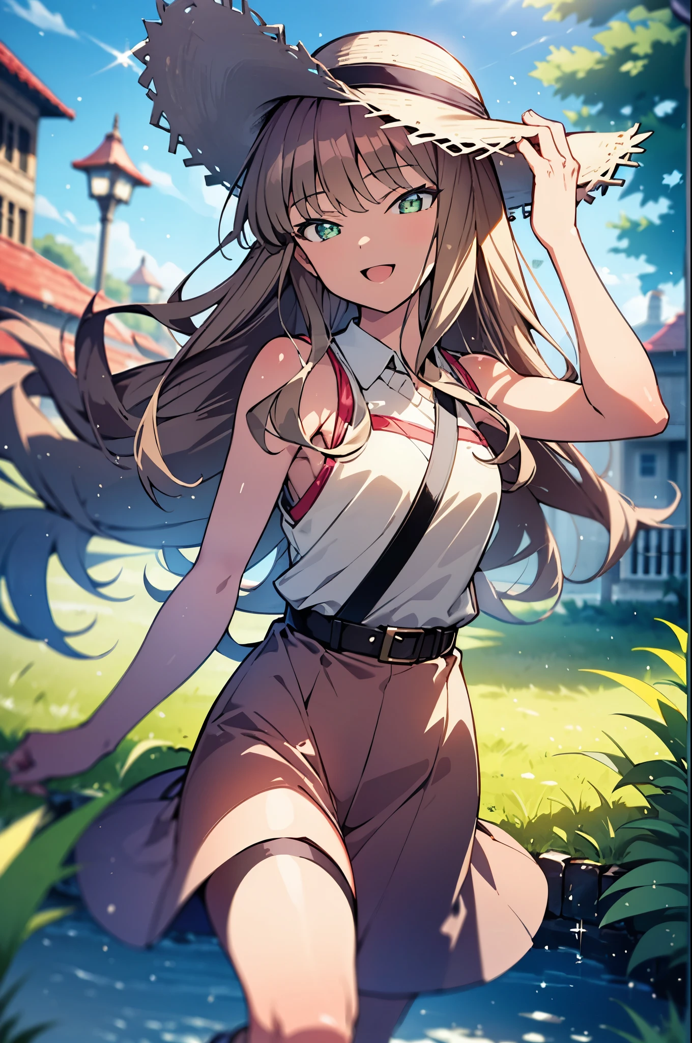 8k,highest quality,masterpiece,The seeds of a southern dream,The seeds of a southern dream sss Dynazenon,Brown Hair,Long Hair,Green Eyes,Short braided hair,happy smile, smile, Open your mouth,Big straw hat,Sleeveless dress,Bare arms,Long skirt,Cute heeled sandals,Building district,Clear skies,Daytime,(Cowboy Shot:1. 5),(masterpiece:1.2), highest quality, High resolution, unity 8k wallpaper, (shape:0.8), (Beautiful and detailed:1.6), Highly detailed face, Perfect lighting, Highly detailed CG, (Perfect hands, Perfect Anatomy),