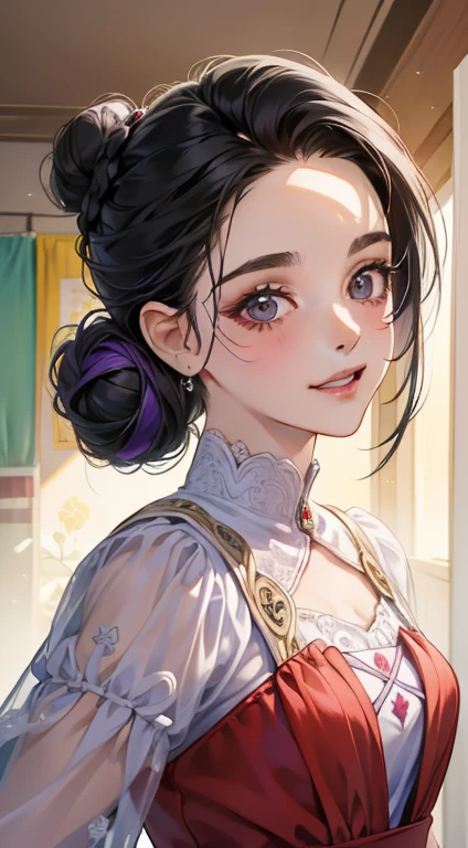 obra de arte, melhor qualidade, realista, mulher madura, Bonitinho, 25 anos de idade, boca fechada, retrato, Rosto extremamente detalhado, Sorriso Suave, (olhos roxos escuros), ((with single black hair bun), ((cabelo com franja frontal)), [sobrancelhas finas], ((vestido violeta claro)), Sem maquiagem, sorriso leve, rubor de orelha, blush claro, short eyelashes, 4K,ar livre