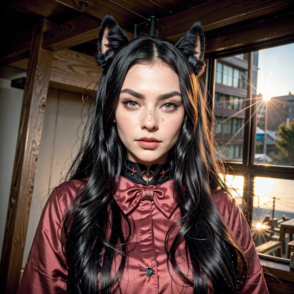 Don't Starve style, masterpiece, best quality, ultra-detailed, illustration, 1girl, black long hair, full red eyes, wolf ears, black mantle, fluffy collar, sunset