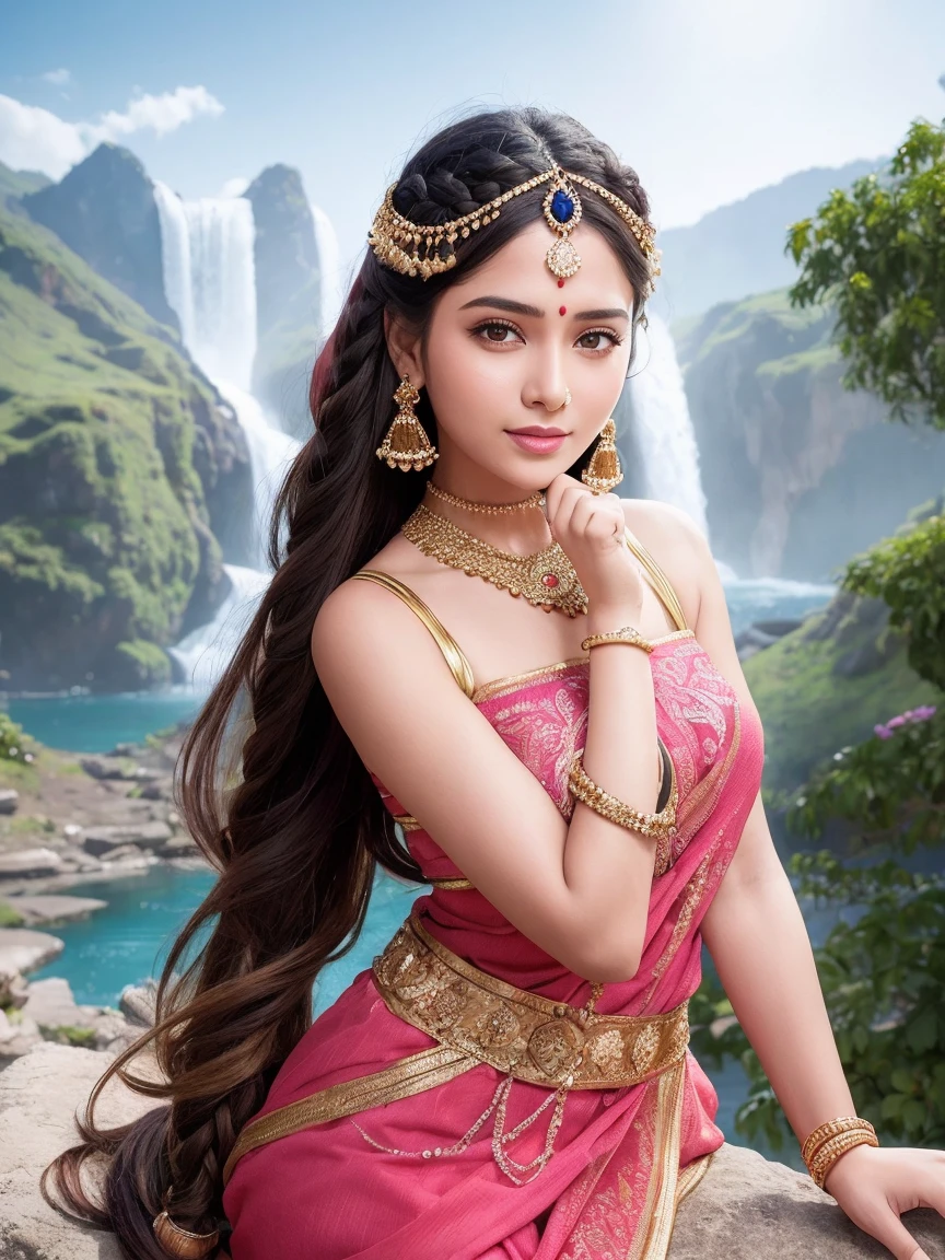 Beautiful woman, face focus wear indian chain headpiece, matha patti and mang tikka jewelry, mahabharat, maharani, smiling, twin braided hair, outdoor, waterfall mountain landscape, morning atmosphere