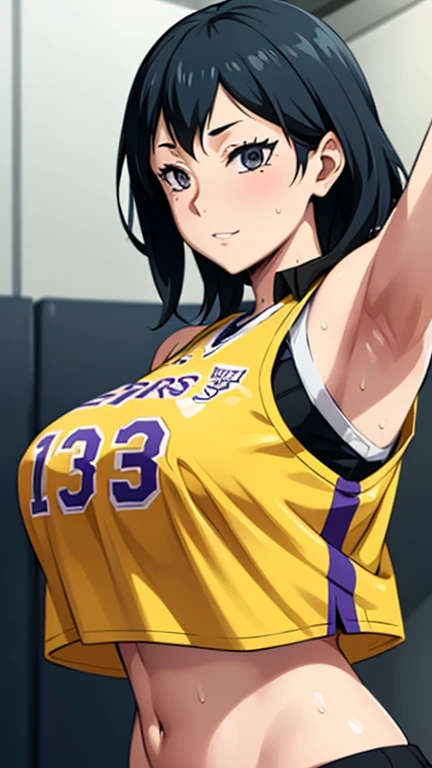 a close up of a person wearing a basketball uniform, a picture, inspired by Kentaro Miura, trending on pixiv, Shimizu Kiyoko, Haikyuu, wearing yellow nba jersey, yellow croptop nba jersey, wearing a low cut croptop, wearing croptop, croptop, written "Lakers" on the croptop, golden raito, (winking), shirobako, large)}], favorite scene, fine details. anime. skins, sweating, big breasts, both hands raised, armpits, armpits visible, dripping with sweat, more more sweat, sweaty armpits, smile