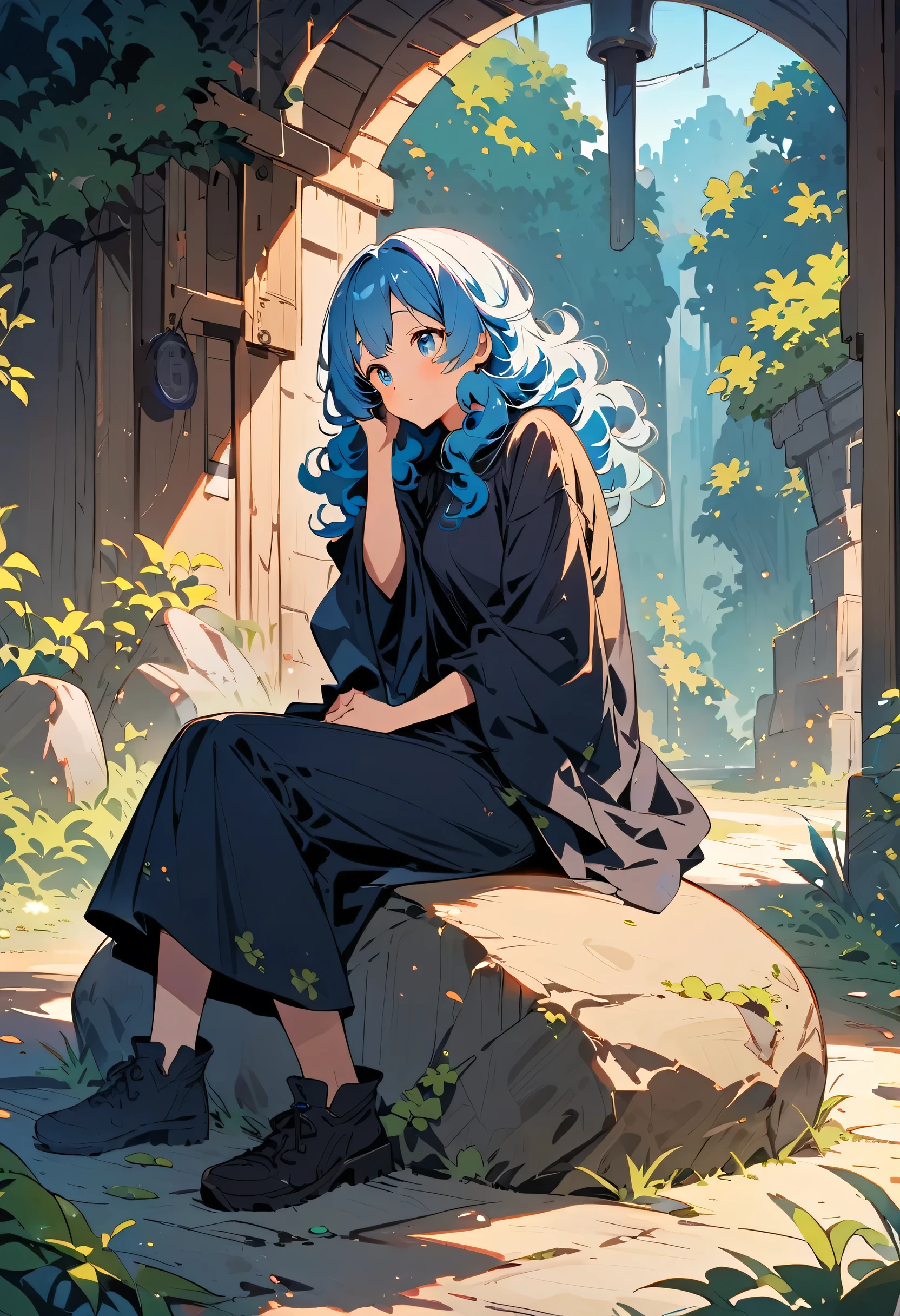 dark light blue hair,Curly Hair,Sitting on a stone resting