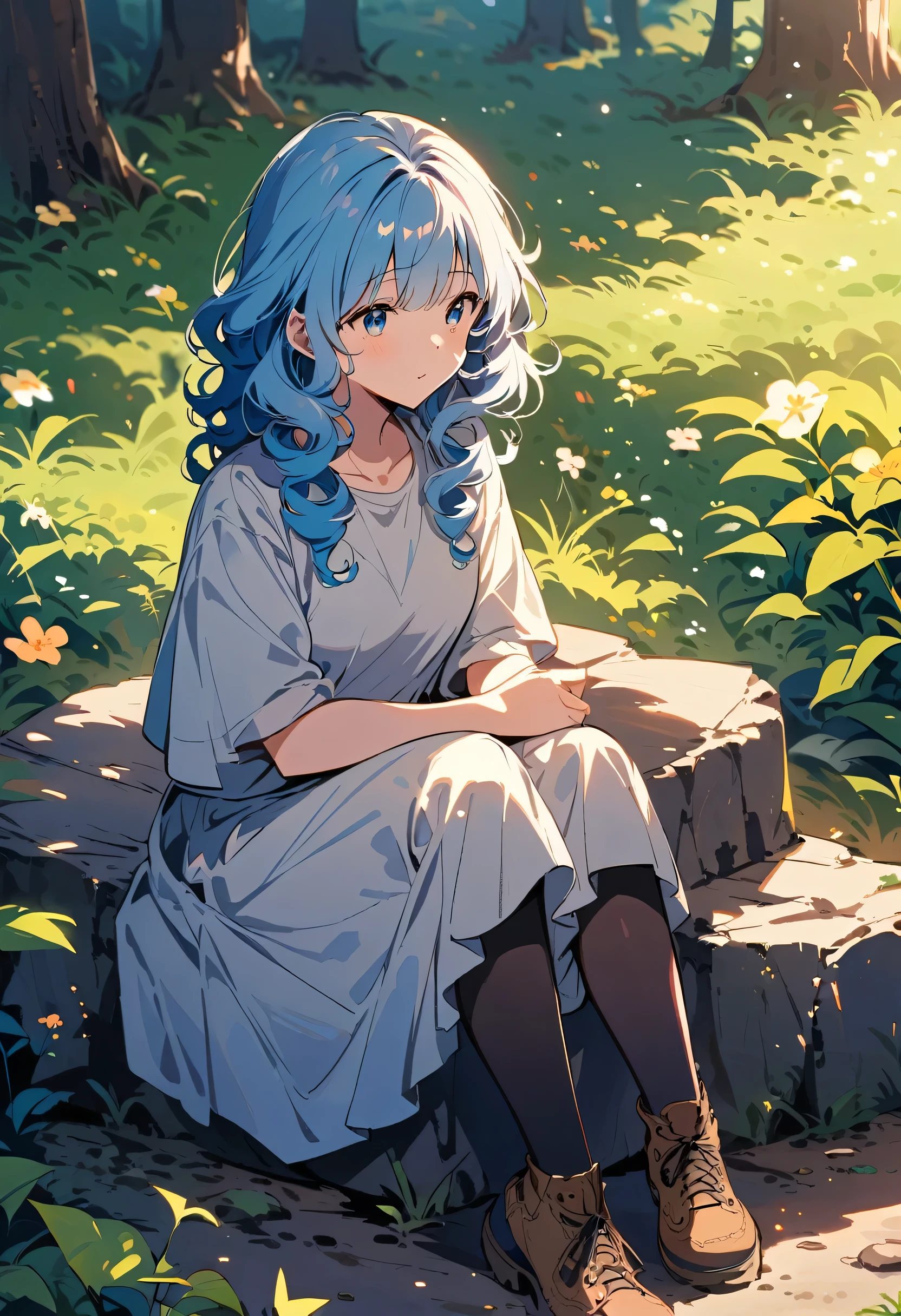 dark light blue hair,Curly Hair,Sitting on a stone resting
