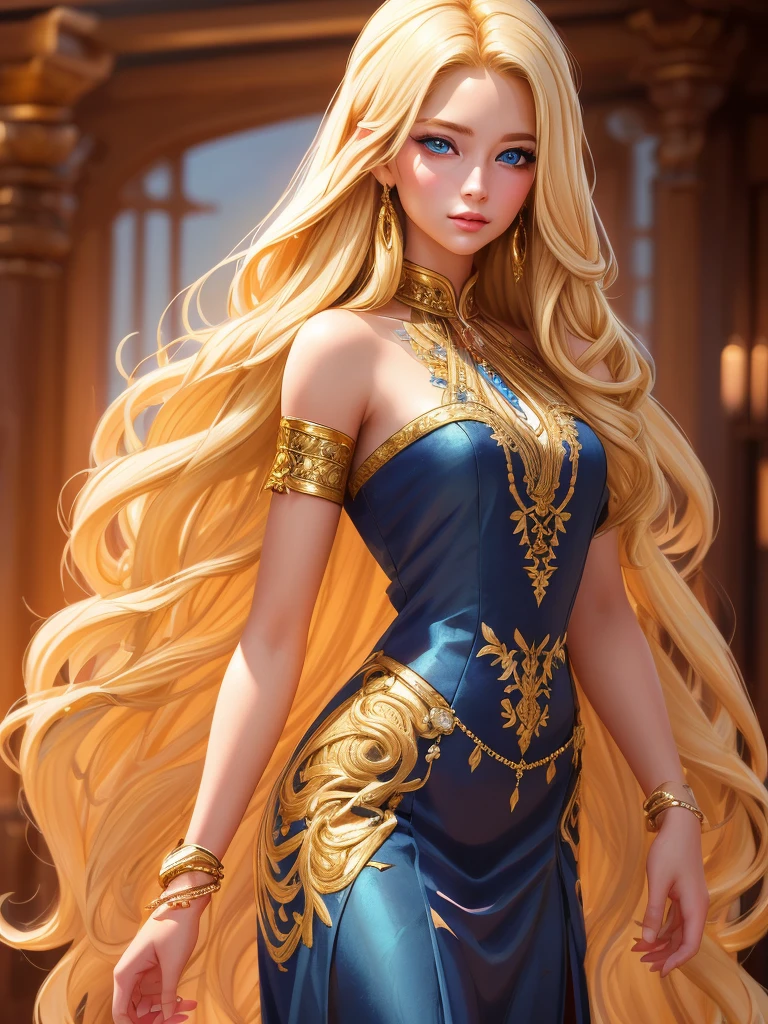 An incredibly beautiful young femme fatale is a golden-haired blonde with long hair and blue eyes, dressed in traditional clothes. Masterpiece, perfect image, realistic shots, detailed study of the face, full-length image, 8k, detailed image. extremely detailed illustration, a real masterpiece of the highest quality, with careful drawing.