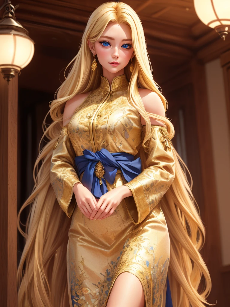 An incredibly beautiful young femme fatale is a golden-haired blonde with long hair and blue eyes, dressed in traditional clothes. Masterpiece, perfect image, realistic shots, detailed study of the face, full-length image, 8k, detailed image. extremely detailed illustration, a real masterpiece of the highest quality, with careful drawing.