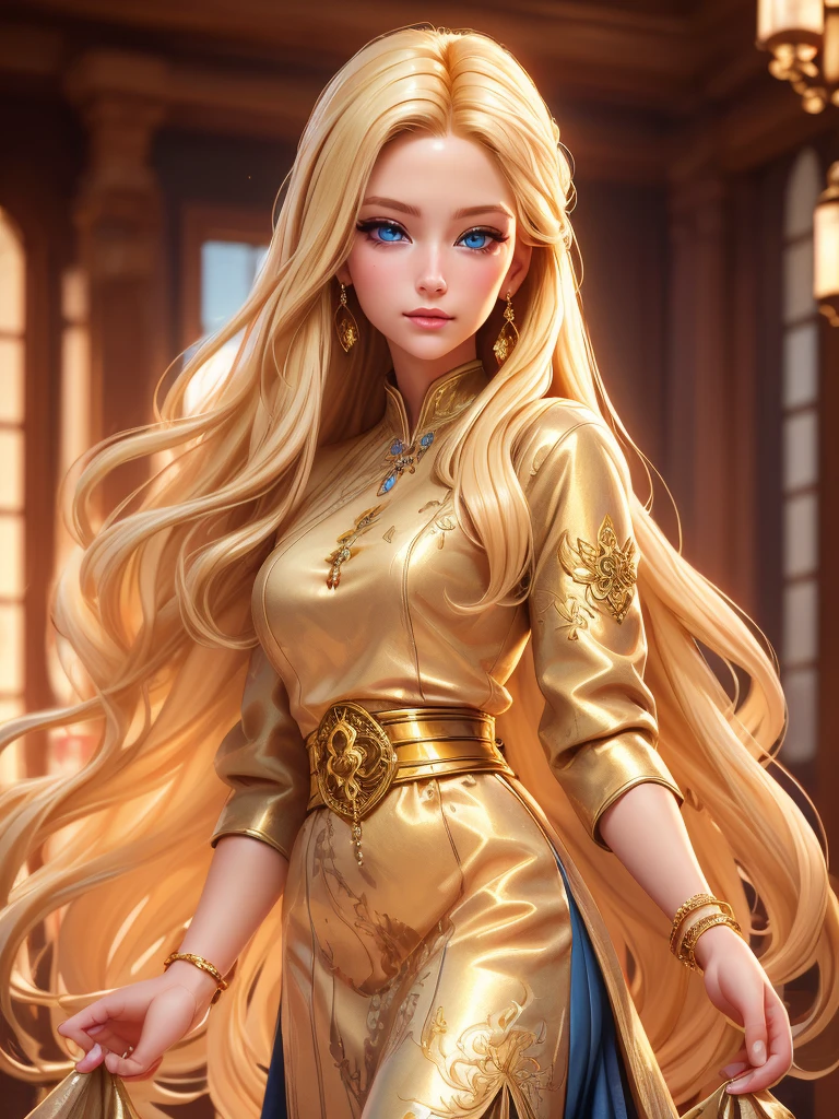 An incredibly beautiful young femme fatale is a golden-haired blonde with long hair and blue eyes, dressed in traditional clothes. Masterpiece, perfect image, realistic shots, detailed study of the face, full-length image, 8k, detailed image. extremely detailed illustration, a real masterpiece of the highest quality, with careful drawing.