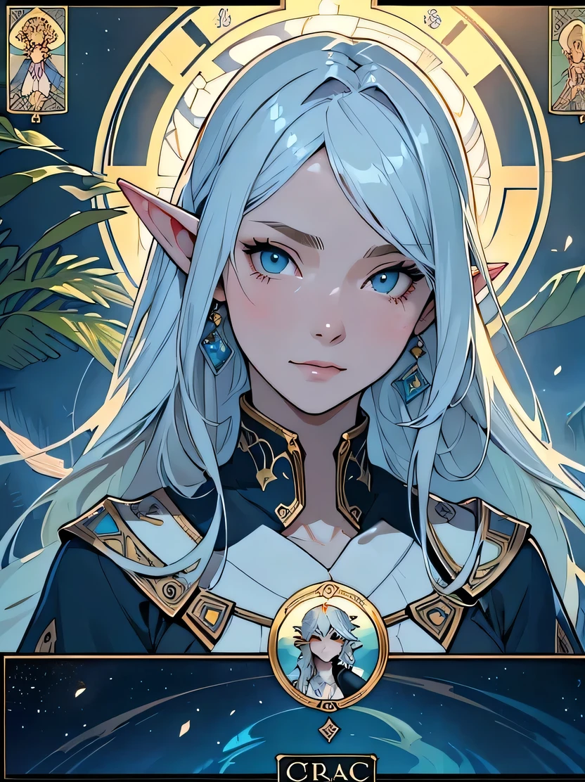 ((masterpiece、highest quality、Super fine、High resolution、Sharp focus、Cinematic lighting))、((1 female、Bust Shot))、Face Light、Elf Girl、Portrait of the face of a European elf、Shapeless long hair、Glowing Skin、Detailed face、Wearing patterned robes、cloud、((Tarot Card Layout))、Floral frame、Decorative panel、 (Alphonse Mucha) 、Cerulean、 Fibonacci