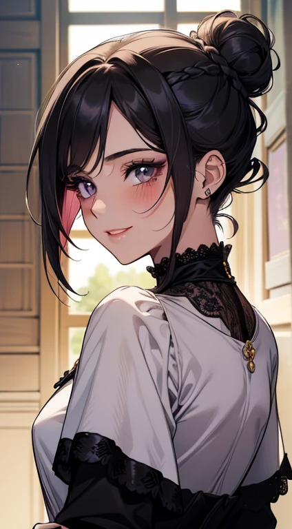 obra de arte, melhor qualidade, realista, mulher madura, Bonitinho, 25 anos de idade, boca fechada, retrato, Rosto extremamente detalhado, Sorriso Suave, (olhos roxos escuros), ((with single black hair bun), ((cabelo com franja frontal)), [sobrancelhas finas], ((vestido violeta claro)), Sem maquiagem, sorriso leve, rubor de orelha, blush claro, short eyelashes, 4K,ar livre