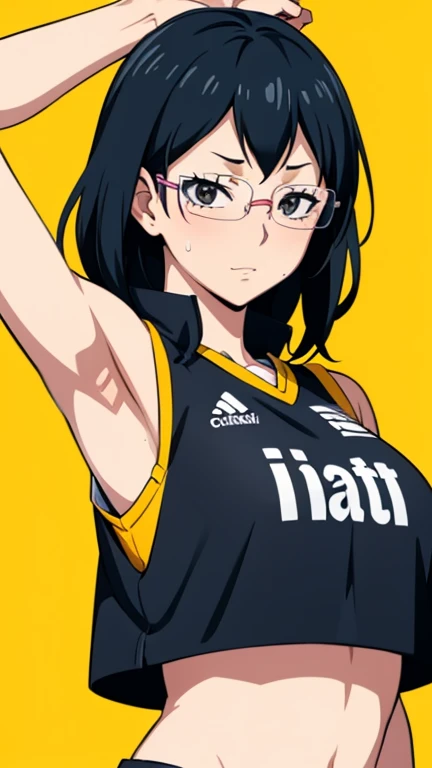 a close up of a person wearing a basketball uniform, a picture, inspired by Kentaro Miura, trending on pixiv, Shimizu Kiyoko, Haikyuu, wearing yellow nba jersey, yellow croptop nba jersey, wearing a low cut croptop, wearing croptop, croptop, written "Lakers" on the croptop, golden raito, (winking), shirobako, large)}], favorite scene, fine details. anime. skins, sweating, big breasts, both hands raised, armpits, armpits visible, dripping with sweat, more more sweat, sweaty armpits, smile, wearing glasses