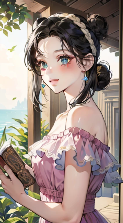 obra de arte, melhor qualidade, realista, mulher madura, Bonitinho, 25 anos de idade, boca fechada, retrato, Rosto extremamente detalhado, Sorriso Suave, (olhos roxos escuros), ((with single black hair bun), ((cabelo com franja frontal)), [sobrancelhas finas], ((vestido violeta claro)), Sem maquiagem, sorriso leve, rubor de orelha, blush claro, short eyelashes, 4K,ar livre