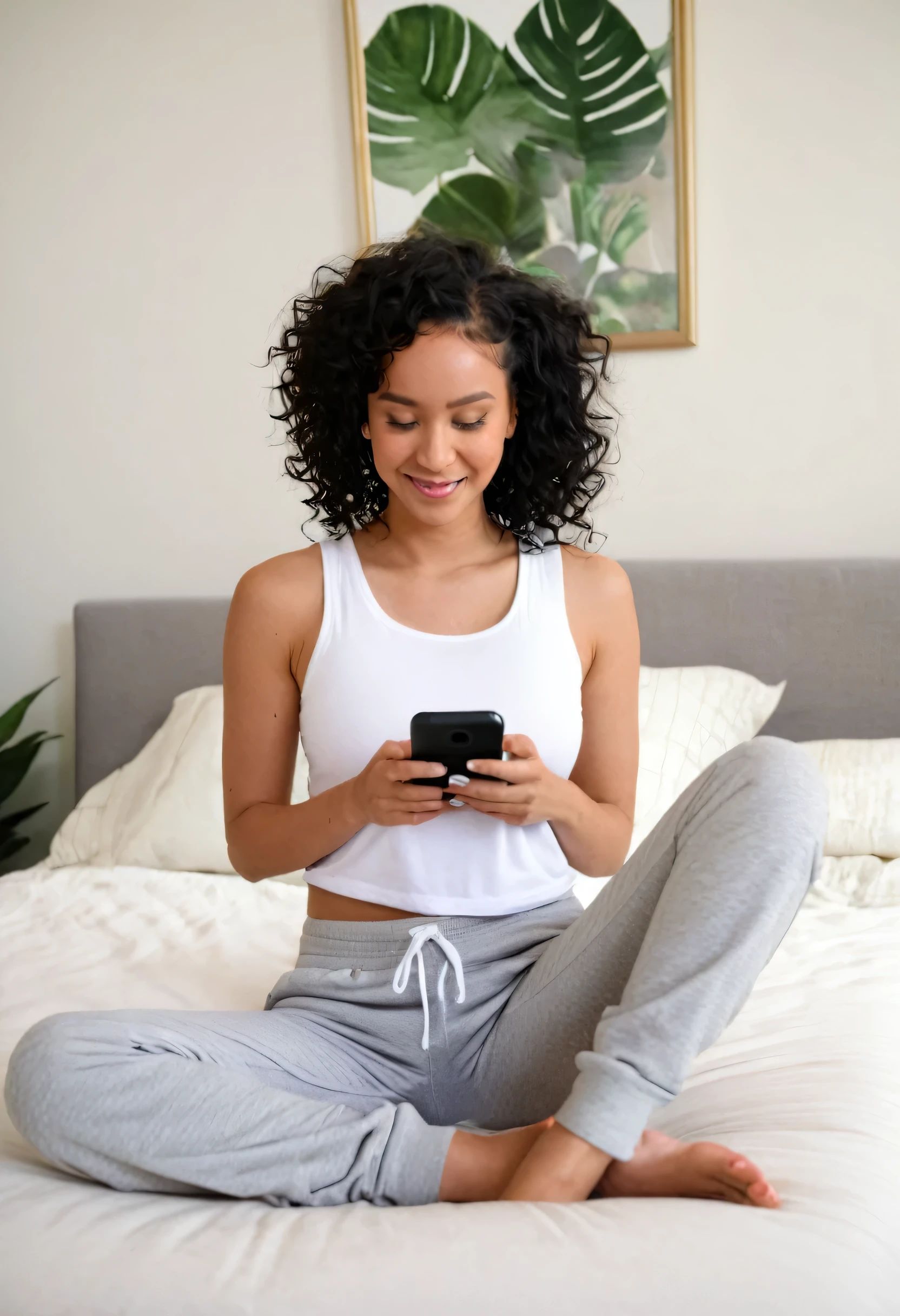 input:
prompt: A woman with a light skin Puerto Rican complexion, long black curly hair, and a subtle smile, sitting on her bed with her legs crossed, looking down at her phone with a thoughtful expression. She's wearing a comfortable white tank top and gray sweatpants, and her bedroom is decorated with colorful throw pillows, plants, and a few framed photos on the wall. The lighting is soft and warm, with a hint of natural light peeking through the window.
width: 1024
height: 1024
style: realistic
quality: high
nsfw: false