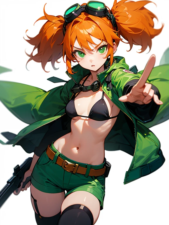 Masterpiece, best quality, expressive eyes, perfect face,  anime character with short hair and long green hair posing with a gun and large knife, (masterpiece), best quality, expressive eyes, perfect face, an anime character with short hair and long green hair posing with a gun and large knife, 1girl, goggles, solo, twintails, orange hair, navel, green eyes, thighhighs, long hair, goggles on head, shorts, black thighhighs, open clothes, jacket, belt, goggles around neck, swimsuit, looking at viewer, thigh strap, white background, green jacket, bikini, 