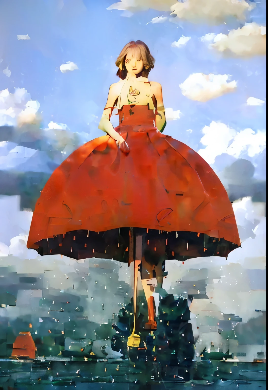 Delicate face, Delicate eyes, Hook of Holland, Perfect hands, From the front, 1 Girl, teenager, Young Girls, teenage girl, 15 years old, Small 1 Girl, aldult, Mature female, Average , National Foundation, , avatar (series), CHAR-F Avatar series Toph Beifong 由 Shurik 制作, (Brown hair:1.2),  , Simple and complex (green:1.5) ball gown, , (Long frilled elbow gloves, Lace stockings, High heel:1.15), (Hairstyle:1.3), Awkward, Tears, sitting, Wave, On the snowy beach