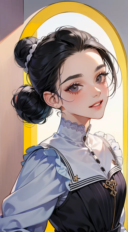 obra de arte, melhor qualidade, realista, mulher madura, Bonitinho, 25 anos de idade, boca fechada, retrato, Rosto extremamente detalhado, Sorriso Suave, (olhos roxos escuros), ((with single black hair bun), ((cabelo com franja frontal)), [sobrancelhas finas], ((vestido violeta claro)), Sem maquiagem, sorriso leve, rubor de orelha, blush claro, short eyelashes, 4K,ar livre