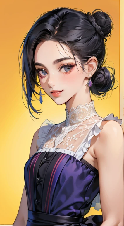 obra de arte, melhor qualidade, realista, mulher madura, Bonitinho, 25 anos de idade, boca fechada, retrato, Rosto extremamente detalhado, Sorriso Suave, (olhos roxos escuros), ((with single black hair bun), ((cabelo com franja frontal)), [sobrancelhas finas], ((vestido violeta claro)), Sem maquiagem, sorriso leve, rubor de orelha, blush claro, short eyelashes, 4K,ar livre