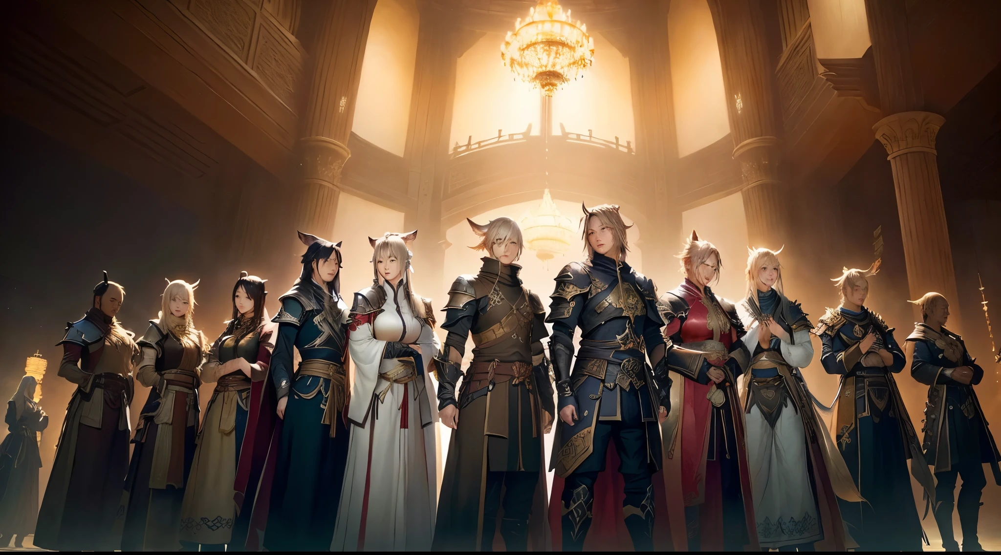 arafed image of a group of people in different costumes, From ncsoft, Final Fantasy 14 苍穹之禁城, I&#39;m going, Final Fantasy 14: End of the Road Walker, Final Fantasy 1 4, <Multiplayer online role-playing gamess scene, From《Lineage 2》, Final Fantasy 14 锐利, Final Fantasy 1 4 screenshot, Multiplayer online role-playing games fantasy, Multiplayer online role-playing games, Final Fantasy 14 风格, Final Fantasy 14