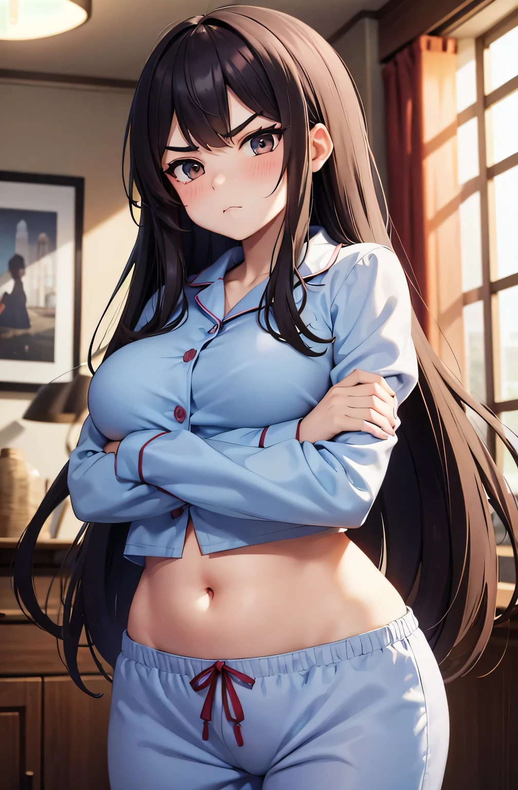 super fine illustration, vibrant colors, masterpiece, sharp focus, best quality, depth of field, cinematic lighting, ultra detailed, sleeves, crop top, pajamas, button up, pajama pants, drawstring, belly button, innie, wide hips, 1 woman, home, solo, milf, very messy hair, dark color hair, long hair, slender, blush, room, indoors, eyes closed, pouting, mature female, tall woman, medium breasts, v-shaped eyebrows, crossed arms