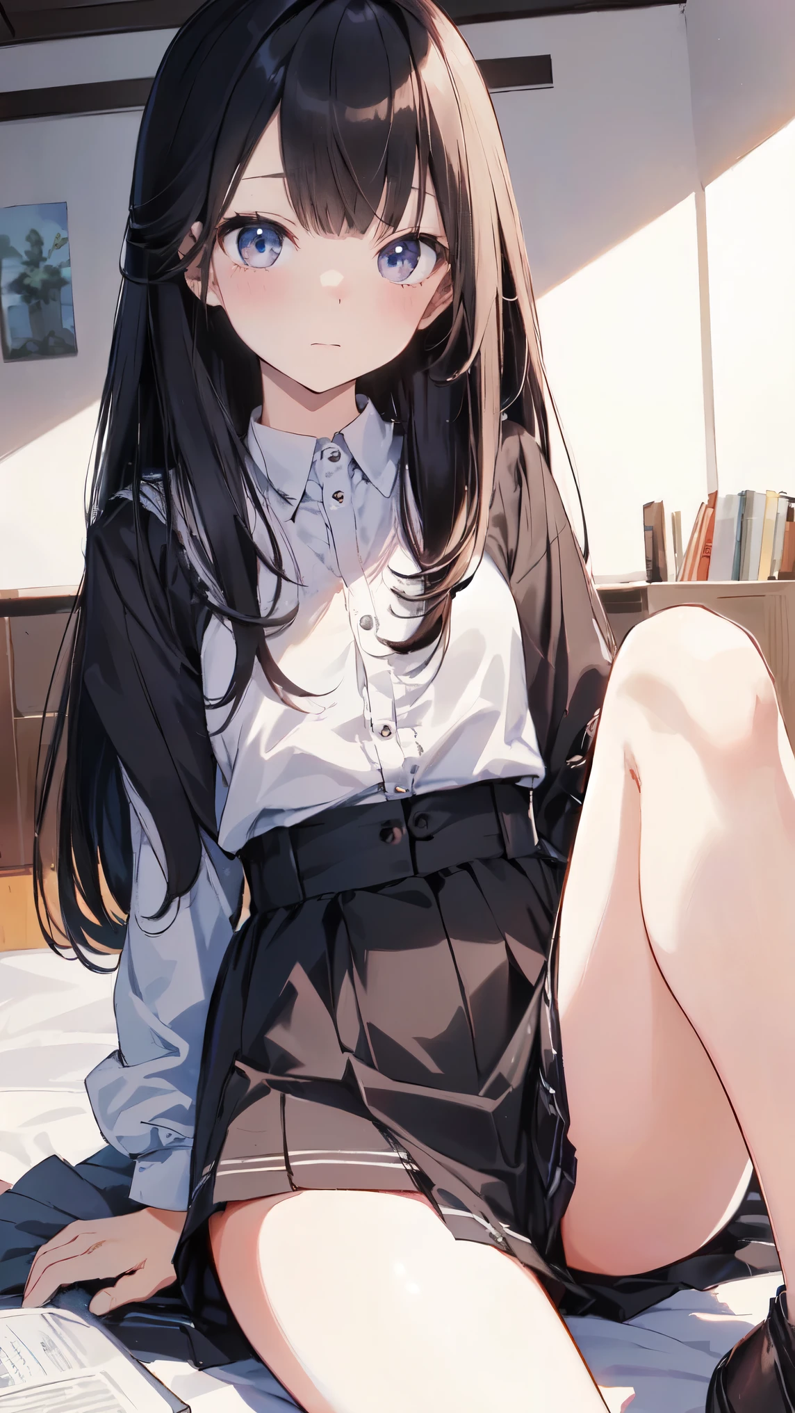 Masterpiece、Highest quality、highest quality、Black Hair、((((Petite))))、(((Lori)))、 ((Blushing with a shy expression))、Shiny hair quality、Small face、Sitting、Super detailed, beautiful, wide eyes、Ultra-detailed, clear and beautiful faces、(cute illustration:1.2), High-resolution, ultra-detailed, best quality, embarrassed