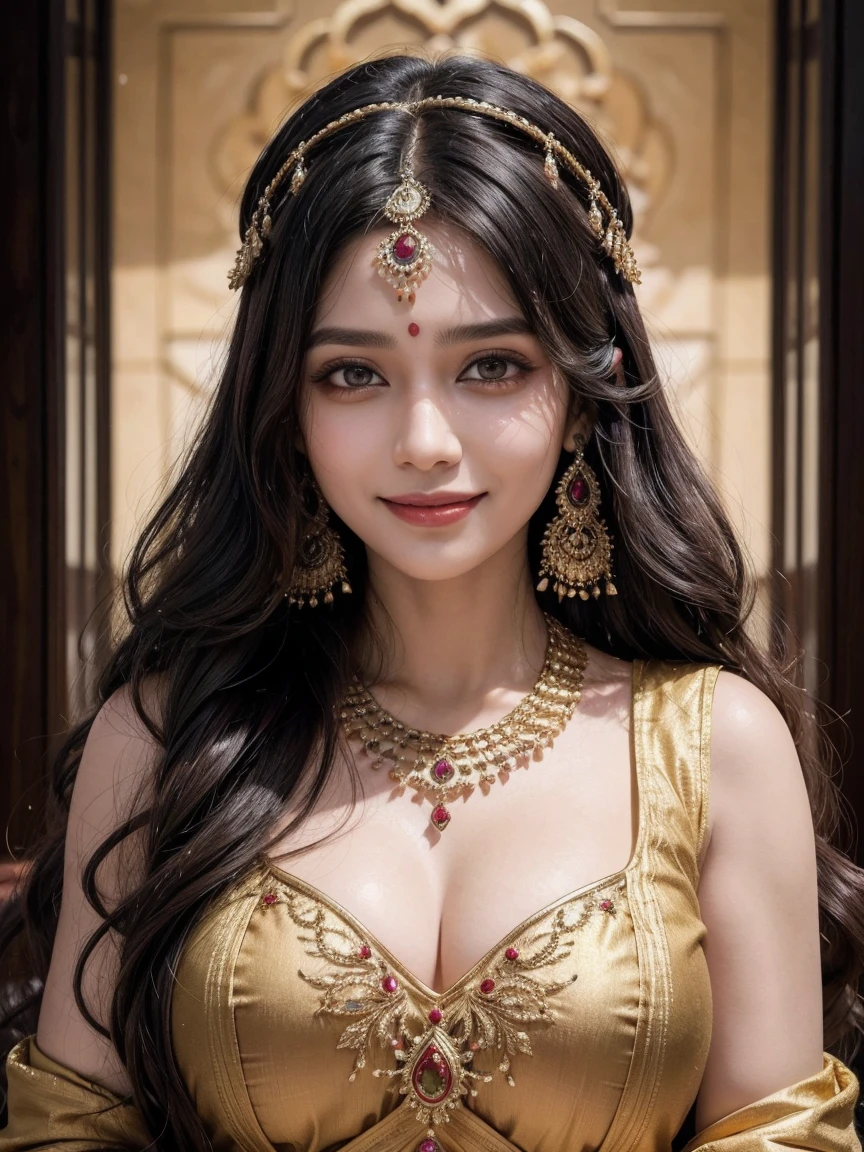 Masterpiece, 4k, best quality, upper body focus, Beautiful woman, wear indian chain headpiece, matha patti and mang tikka jewelry, smiling, long black wavy hair