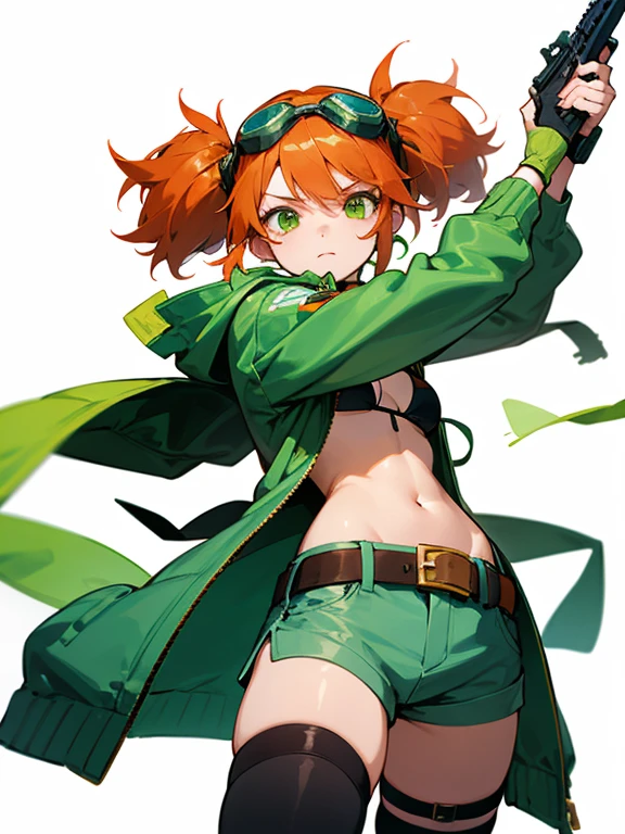 Masterpiece, best quality, expressive eyes, perfect face,  anime character with short hair and long green hair posing with a gun and large knife, (masterpiece), best quality, expressive eyes, perfect face, an anime character with short hair and long green hair posing with a gun and large knife, 1girl, goggles, solo, twintails, orange hair, navel, green eyes, thighhighs, long hair, goggles on head, shorts, black thighhighs, open clothes, jacket, belt, goggles around neck, swimsuit, looking at viewer, thigh strap, white background, green jacket, bikini, 