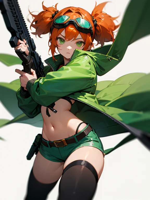 Masterpiece, best quality, expressive eyes, perfect face,  anime character with short hair and long green hair posing with a gun and large knife, (masterpiece), best quality, expressive eyes, perfect face, an anime character with short hair and long green hair posing with a gun and large knife, 1girl, goggles, solo, twintails, orange hair, navel, green eyes, thighhighs, long hair, goggles on head, shorts, black thighhighs, open clothes, jacket, belt, goggles around neck, swimsuit, looking at viewer, thigh strap, white background, green jacket, bikini, 