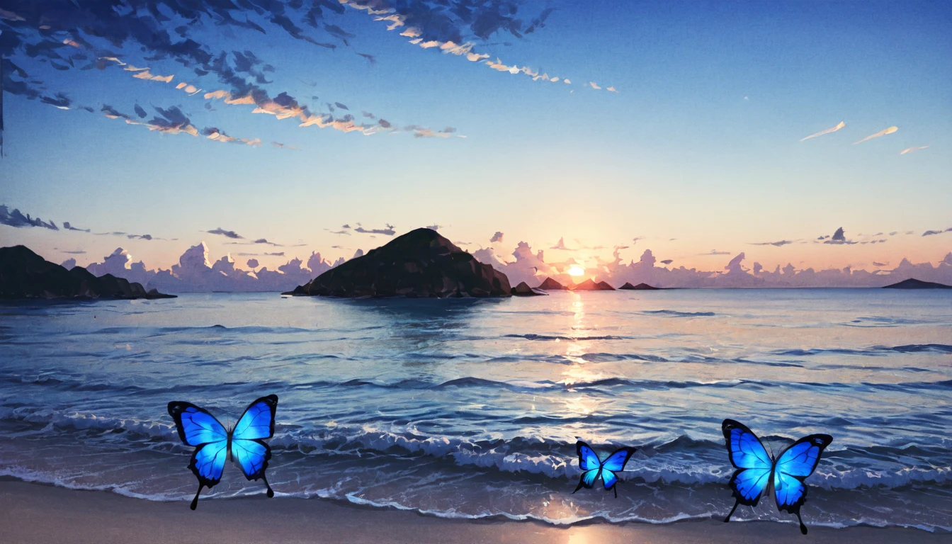 A blue butterfly travelling across the strait、A view of the sea that separates the islands、A calm strait with a beautiful gradation as dusk approaches