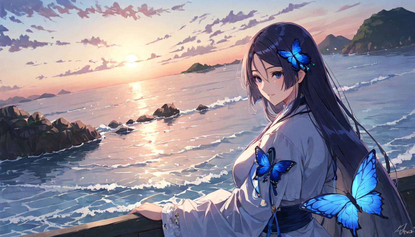 A blue butterfly travelling across the strait、A view of the sea that separates the islands、A calm strait with a beautiful gradation as dusk approaches