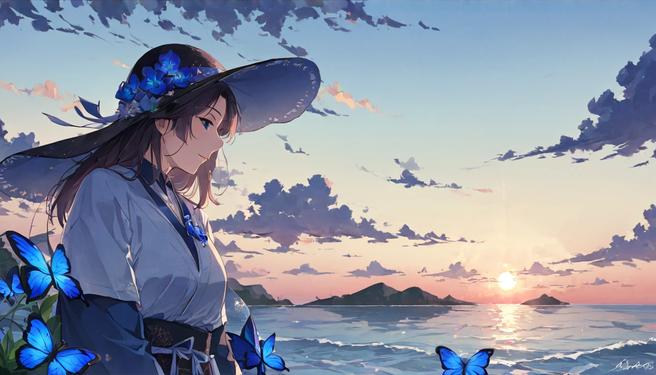 A blue butterfly travelling across the strait、A view of the sea that separates the islands、A calm strait with a beautiful gradation as dusk approaches