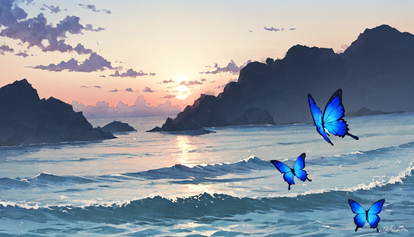 A blue butterfly travelling across the strait、A view of the sea that separates the islands、A calm strait with a beautiful gradation as dusk approaches