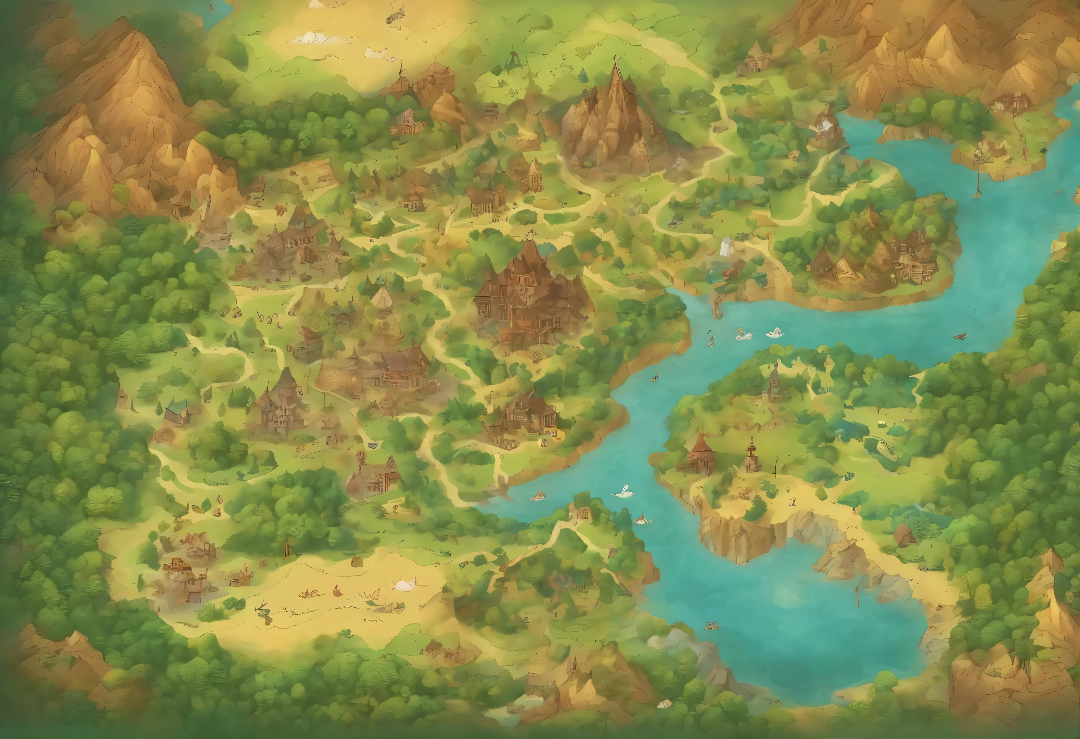 (best quality,4K,8k,high resolution,masterpiece:1.2),Super detailed,Practical,Beautifully illustrated fantasy world map,Seamless connectivity across 4 continents,Vivid colors and intricate details,Ancient ruins and mysterious landmarks are scattered throughout,The map depicts various geographic features,For example, towering mountains,Vast forest,sparkling river,and vast deserts, Each continent showcases its unique culture and civilization,From bustling cities in the technologically advanced continent to quiet villages in the Magic Kingdom,The map is full of fascinating atmosphere,Whimsical creatures inhabit every corner, From the majestic dragon flying in the sky,To the naughty fairies hidden in the dense vegetation,The map is bathed in a warm golden light,Illuminate stunning landscapes with a sense of wonder and adventure.
