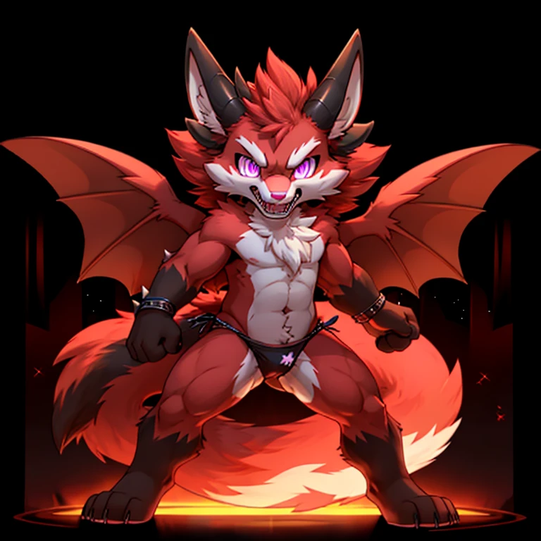 Anthropomorphic male crimson fox, with purple eyes, pink nose, black ears, black sholders, horns, two tails, white hands, wearing panties, with wings with a spike on top, full body view, in a fighting pose, ready to fight, with an angry, no background, digital art, solo, different views, yelling, arms extended to the sides, looking at viewer, hands opened, long teeths, glowing eyes.