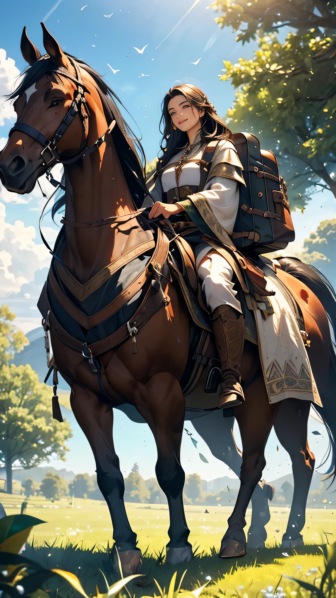 (best quality,4k,8k,highres,masterpiece:1.2),ultra-detailed,(realistic,photorealistic,photo-realistic:1.37),traveler girl,long black braided hair,beautiful detailed eyes,beautiful detailed face,detailed black medieval traveler's black shirt,carrying a backpack,riding a horse,scenic background,vibrant colors,dreamlike lighting,adventure vibe,historical fantasy setting,medieval architecture,serene atmosphere,sunlit meadow,lush green grass,tall trees in the distance,crystal clear sky,bright sunshine,gentle breeze,unique perspective,impeccable details,horse's smooth and glossy coat,flowing mane and tail,confident and determined expression,carefree and joyous expression,warm and welcoming feel,blending of nature and human presence,inspiring and awe-inspiring scene