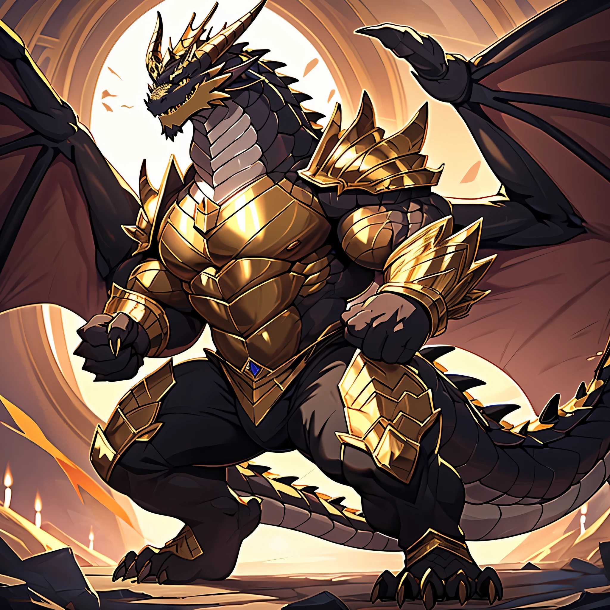 (The tyrannical and powerful Dark Gold Dragon King,Wearing modern black and gold armor,Inlaid with dark gold gemstones:200),Strong physique的龙形恶魔,(Large dragon body,Huge chest,Majestic wingspan,Sharp and huge dragon claws,Thick iron tail,Sharp dragon scales,The huge dark gold dragon king:2),Strong physique,(Dark gold scales,Mighty dragon-shaped demon:2),Dragon legs apart,Dragon wings unfold,The dragon's claws open,Excited grin,Huge mount,Overwhelming presence,Full body picture,Very detailed,4k HD