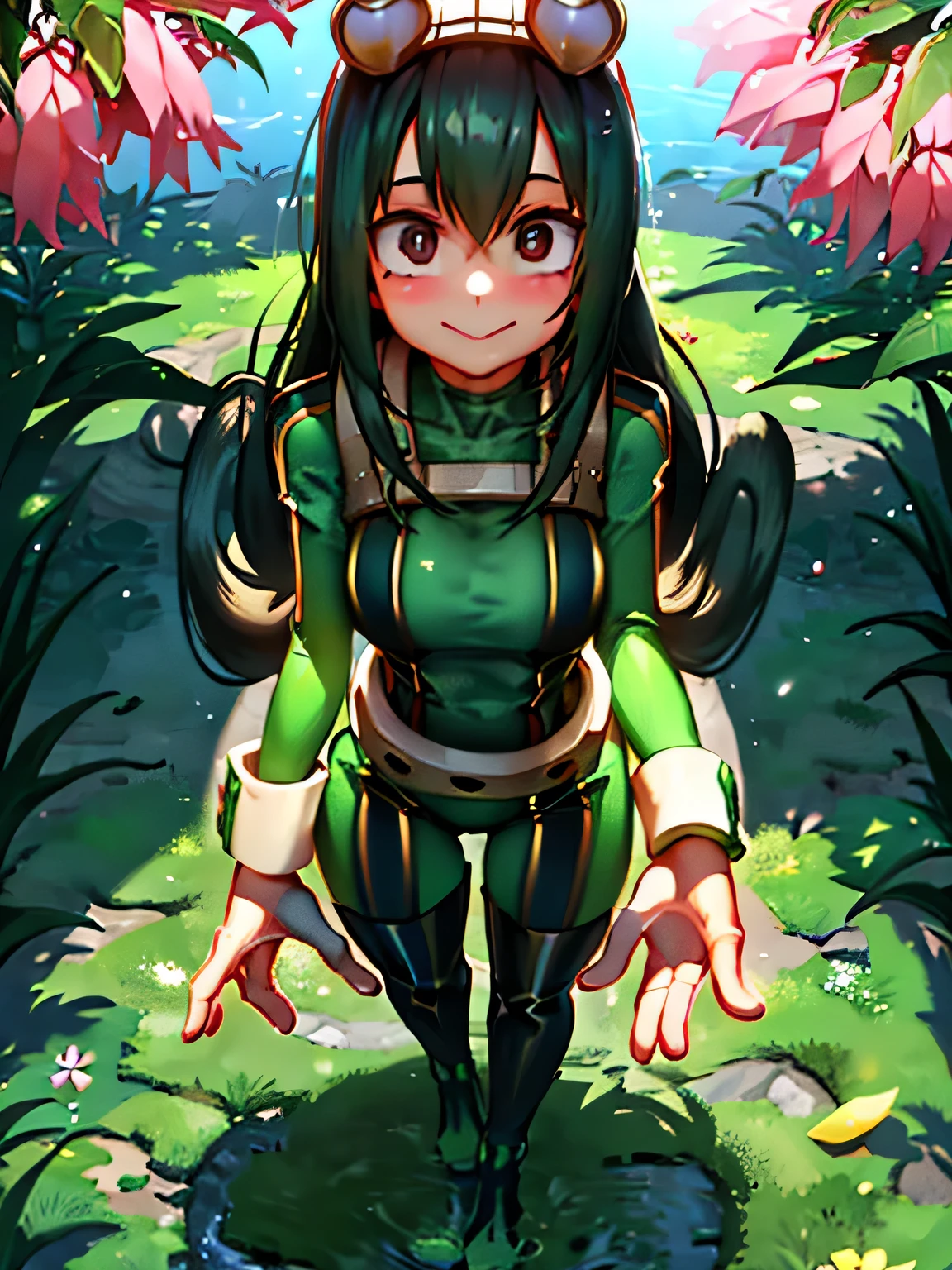 (a girl with) short black hair, (wearing) a neat white blouse (with) a sailor collar, (a) pleated green skirt, (and) white knee-high socks. (She has) beautiful detailed eyes, (with) long eyelashes, (and) a bright smile on her face. She is standing in a lush green garden, surrounded by colorful flowers and tall trees. (The) sunlight is gently filtering through the leaves, casting a warm glow on her. The garden is filled with the sound of chirping birds and the fragrance of blooming flowers. The atmosphere is peaceful and serene. The artwork is created using digital illustration techniques. The colors are vibrant and vivid, capturing the essence of the scene. The level of detail is extremely high, with every leaf and petal meticulously rendered. The image quality is of the utmost importance, showcasing the artwork in the best possible resolution, such as 4k or 8k. It exudes a sense of realism and photorealism, as if the viewer could step into the garden and feel the soft grass under their feet. The lighting is soft and natural, creating a warm and inviting atmosphere. The overall tone of the artwork is vibrant and lively, with a hint of nostalgia.