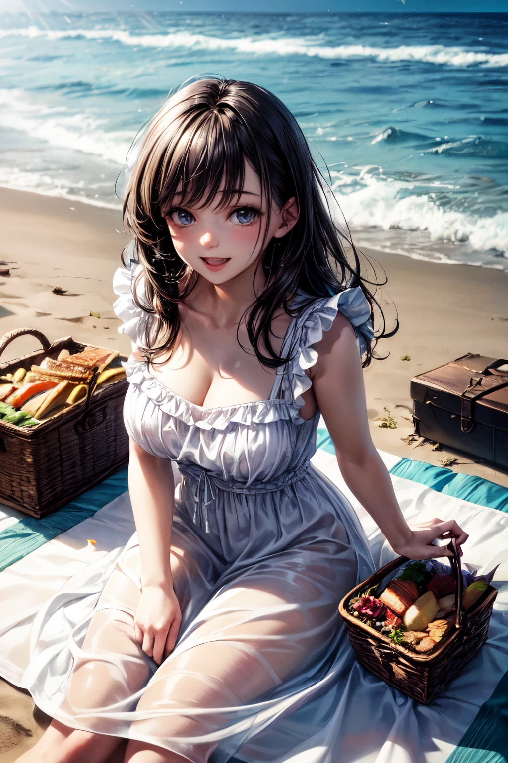 very cute and beautiful girl,white sun dress with detailed frills,(highly detailed beautiful face),
(laugh),black hair,sitting on picnic sheet,beach,picnic basket,sandwiches,(from above),
(best quality,masterpiece:1.0),absurdres,highres,ultra-detailed,extremely detailed,32k,8k resolution,
intricate details,cinematic scene,detailed background,solo,dynamic angle,
natural lighting,hair fluttering in the wind,beautiful detailed sky,