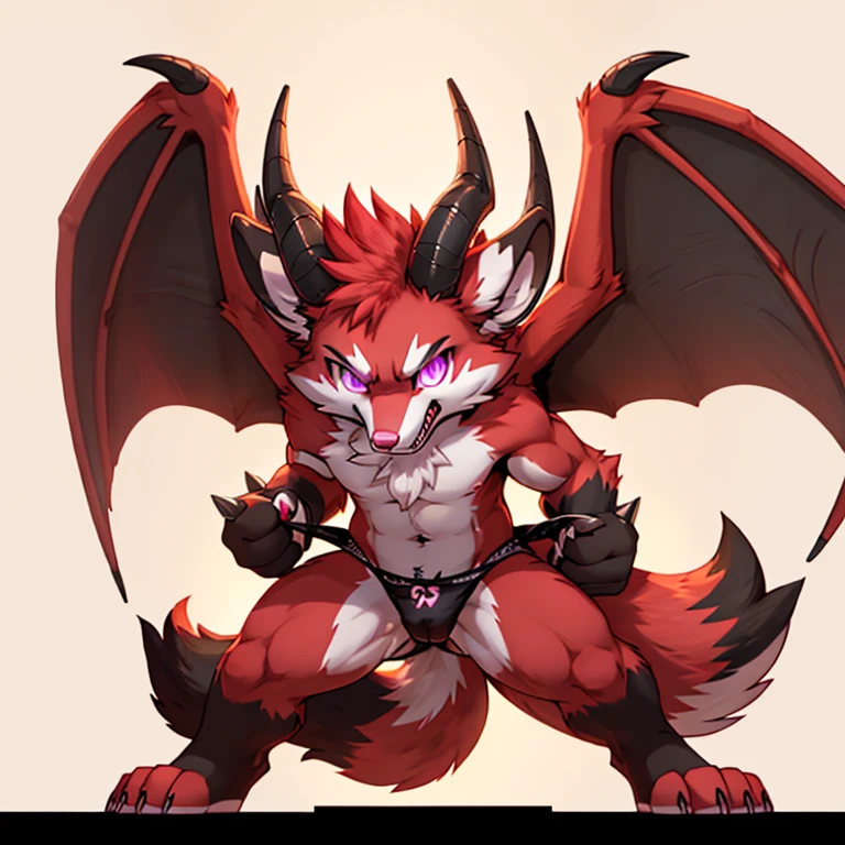 Anthropomorphic male crimson fox, with purple eyes, pink nose, black ears, black sholders, horns, two tails, white hands, wearing panties, with wings with a spike on top, full body view, in a fighting pose, ready to fight, with an angry, no background, digital art, solo, different views, yelling, arms extended to the sides, looking at viewer, hands opened, long teeths, glowing eyes.