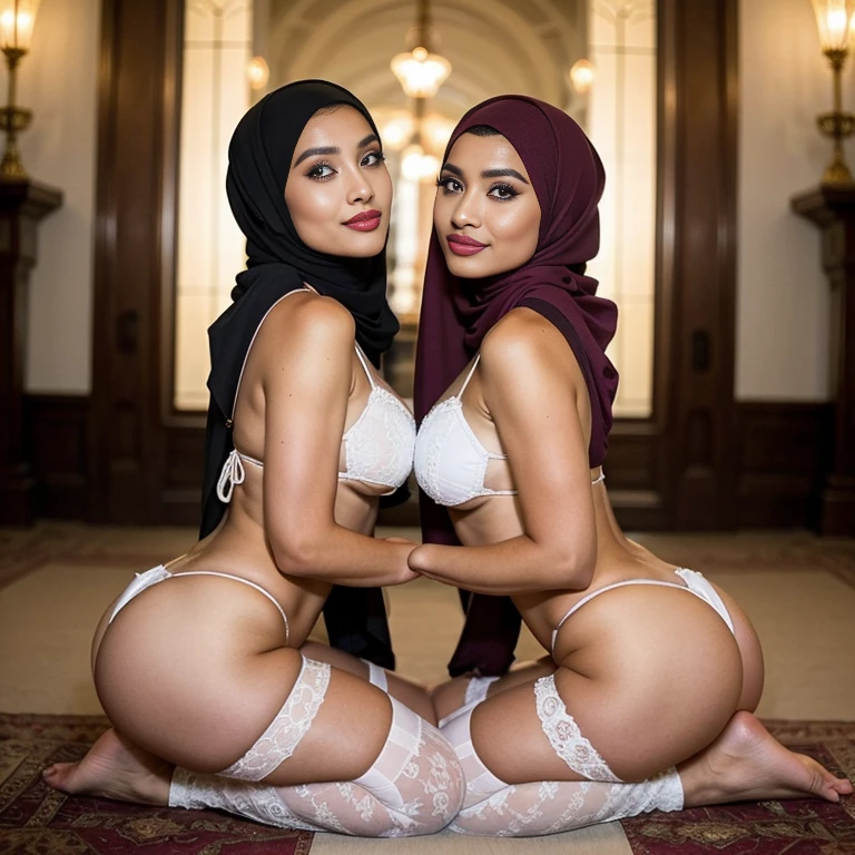 back view, In a regal setting, two sexually attractive hourglass figure adult video star (hijabi) Muslim ladies sit side by side on a floor showcasing her back to viewer, radiating elegance and confidence. They share the same height and body proportions, creating a visually stunning image of unity and strength.

Both ladies wear white (lace hijabs), beautifully wrapped around their heads, framing their faces and accentuating their natural beauty. The delicate lace adds a touch of femininity and sophistication to their overall look.

Complementing their hijabs, both ladies wear white stockings string bikini that add a subtle hint of allure to their ensemble. The stockings enhance their elegant and poised posture, further highlighting their hourglass figures.

Their makeup is flawlessly applied, with striking red lips, voluminous mascara, captivating eye shadow, precise eyeliner, and luxurious lashes. These elements enhance their already mesmerizing features, drawing attention to their expressive eyes.

As they sit close to each other on the throne, they exude a sense of unity and sisterhood. Their presence showcases the beauty and strength of hijabi Muslim women, empowering others to embrace their identities and celebrate their unique beauty.

she is looking at viewer, skin texture, ultra high res, RAW, instagram LUT, masterpiece, best quality, ultra-detailed, ultra high resolution, RAW, 4k, (looking at viewer), extremely detailed eyes and face, ((beautiful detailed nose)), ((beautiful detailed thigh)), ((beautiful detailed eyes)), perfect body proportion,  (looking at the camera), seductive face, cheerful, happy, (red thighhighs) (hijab) (SFW:1.5), five fingers, detailed fingers, (string bikini), cheerful, happy, smile