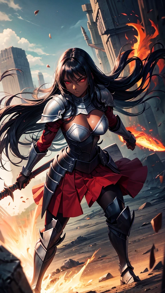 (Perfect Anatomy)、Mastepiece、Ultra High Quality、 8k、masterpiece、Highest quality、Ultra-high resolution、Maximum resolution、Very detailed、Professional Lighting、anime、Adult female、thin、so beautiful、Highly detailed eye、Highly detailed face、Golden earrings、Black Hair,、Pink eyes, , Braiding、Straight bangs、Black shiny tights、Blue full plate armor、Long sword、attack、Random Action Pose, (torn clothes:1.6)