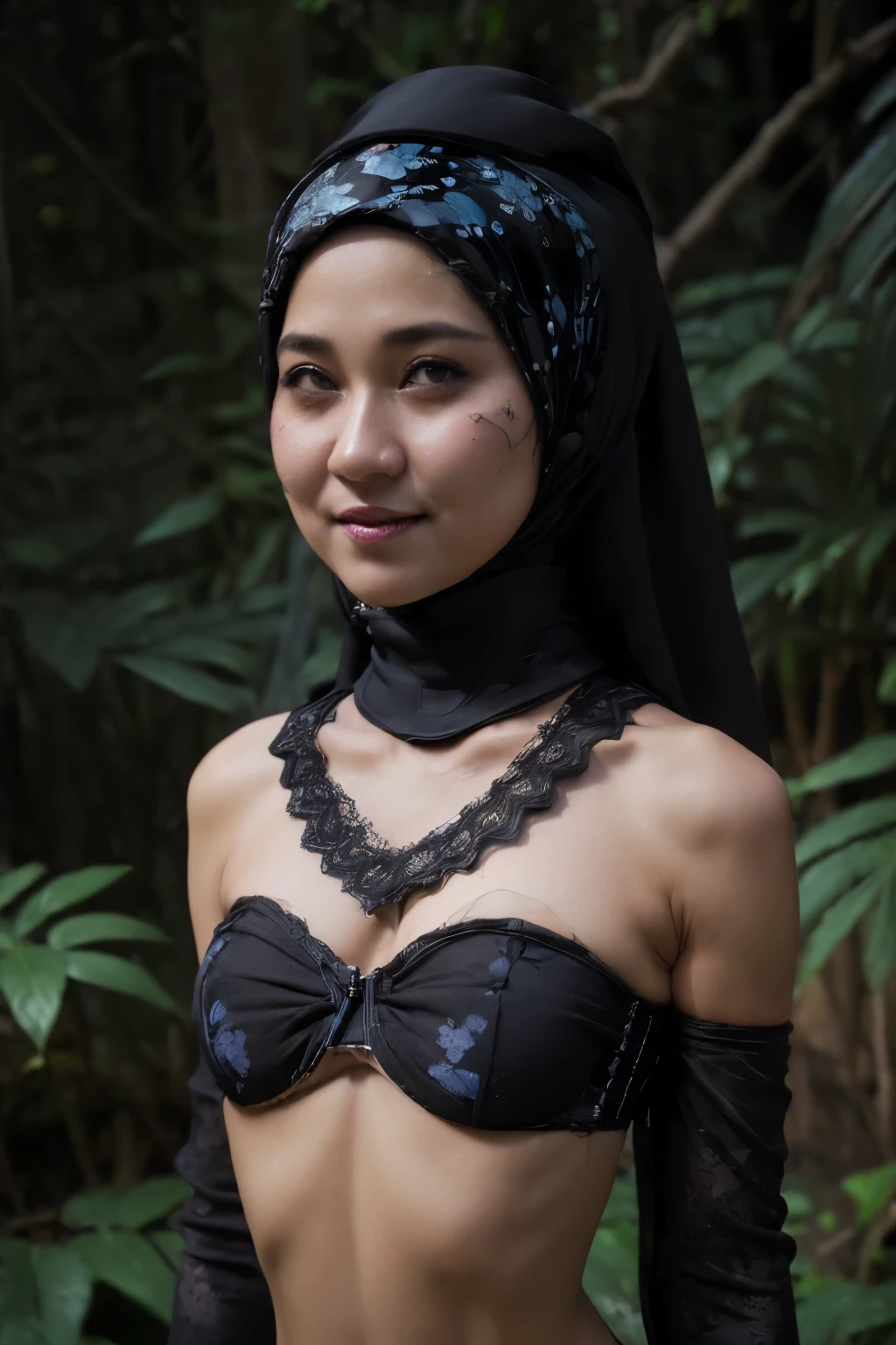 ((FLAT CHEST:1.8)), ((Lace)), (Happy smile), (((HIJAB MALAY GIRL))), masutepiece, High quality, UHD 32K, Realistic face, Realistic skin feeling , A Japanese Lady, 58 years old matured lady, , Very cute and baby-like face, (((FLAT CHEST))), (Night time at forest), ((look In front at the camera and SADNESS)), (((CUTE GIRL))), ((DARK BLACK FLUORESCENT LIPS)), ((Floral Pattern)) little wearing strapless bra, strapless colorful bra, dark night background , black forest night, horror scary place, (from behind up) seductive pose