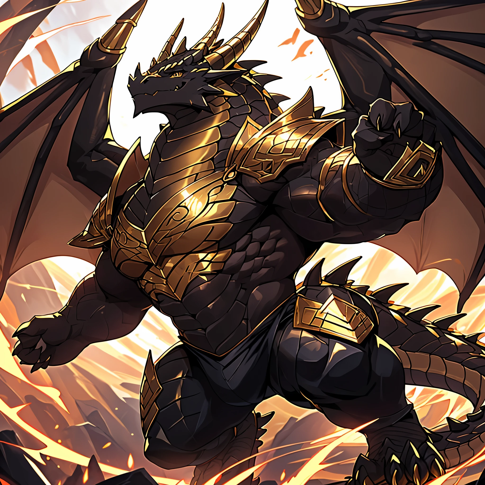 (The violent and powerful Dark Gold Dragon King，Wearing modern black and gold armor and black tights，Inlaid with dark gold gemstones：200)，Strong physique的龙形恶魔，(Large dragon body，Huge chest，Majestic wingspan，Sharp and huge dragon claws，Thick iron tail，Sharp dragon scales，The huge dark gold dragon king：2)，Strong physique，(Dark gold scales，Very tight crotch，Mighty dragon-shaped demon：2)，Dragon legs apart，Dragon wings unfold，The dragon's claws open，Excited grin，Huge mount，Overwhelming presence，Full body picture，Very detailed，4k HD