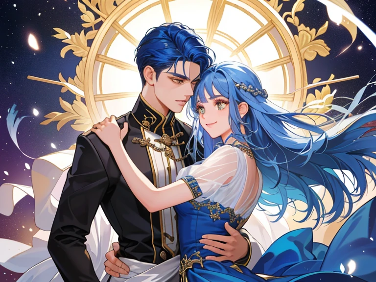 capa de livro: Um jovem de estatura imponente enfeita a capa, her captivating golden eyes and navy blue hair reflecting passion and mystery. Its presence is magnetic, adornado em trajes elegantes, e um sorriso cativante acrescenta um toque especial. do lado dele, uma jovem de beleza transcendental com longos, cabelos castanhos dourados ondulados e olhos violeta profundos irradiando luminosidade natural. Her warm smile and graceful movements give her a presence that is both delicate and captivating... The image captures the elegance and intensity of a compelling romance. He had his arm around her waist, ensuring that your loved one would not escape.