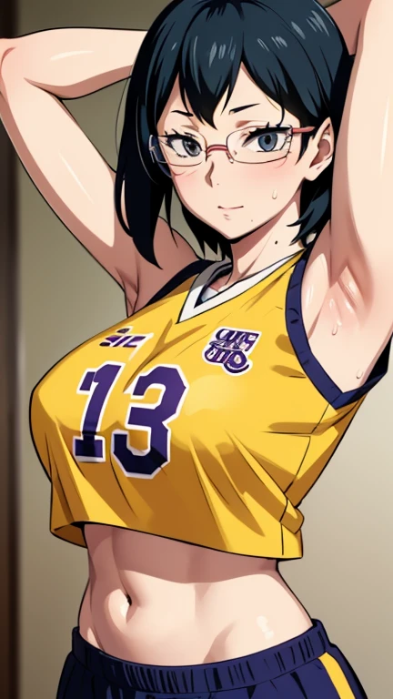a close up of a person wearing a basketball uniform, a picture, inspired by Kentaro Miura, trending on pixiv, Shimizu Kiyoko, Haikyuu, wearing yellow nba jersey, yellow croptop nba jersey, wearing a low cut croptop, wearing croptop, croptop, written "Lakers" on the croptop, golden raito, (winking), shirobako, large)}], favorite scene, fine details. anime. skins, sweating, big breasts, both hands raised, armpits, armpits visible, dripping with sweat, more more sweat, sweaty armpits, smile, wearing glasses