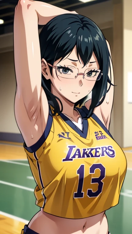 a close up of a person wearing a basketball uniform, a picture, inspired by Kentaro Miura, trending on pixiv, Shimizu Kiyoko, Haikyuu, wearing yellow nba jersey, yellow croptop nba jersey, wearing a low cut croptop, wearing croptop, croptop, written "Lakers" on the croptop, golden raito, (winking), shirobako, large)}], favorite scene, fine details. anime. skins, sweating, big breasts, both hands raised, armpits, armpits visible, dripping with sweat, more more sweat, sweaty armpits, smile, wearing glasses