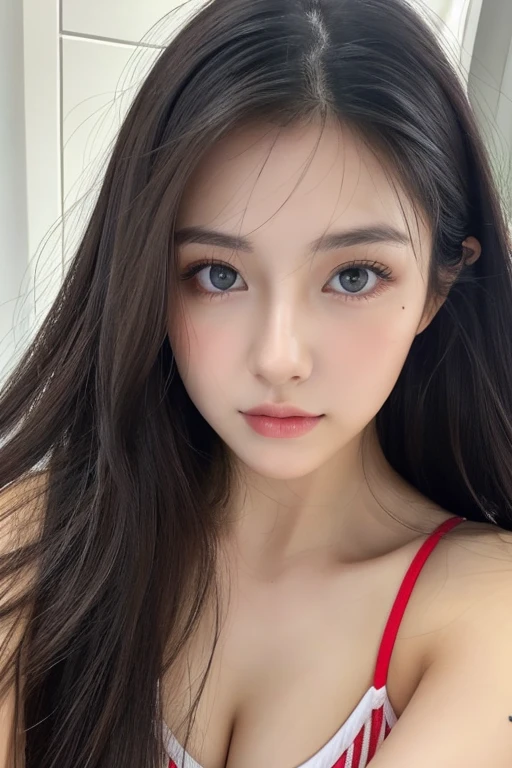Maria, 20-year-old woman, alone、A perfect and beautiful mix of Japanese and Russian、Beautiful contours、Cute and sexy face、Big, moist eyes、body style like a model、Bust Size G Cup、Beautiful medium-long black hair、Close-up angle of face